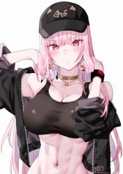 1girl abs absurdres alternate_costume arms_up baseball_cap black_hat black_jacket black_nails black_sports_bra breasts cleavage gold_choker gold_ring hat highres hololive hololive_english jacket jewelry kamiya_maneki large_breasts mori_calliope navel necklace pink_eyes pink_hair simple_background skull_necklace solo sports_bra stomach upper_body virtual_youtuber white_background wristband