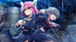 Rule 34 | 2girls, angel wings, black sailor collar, black serafuku, black shirt, black skirt, brown eyes, cracking knuckles, curtained hair, delinquent, drum (container), fighting, fighting stance, game cg, grey hair, highres, higurashi no naku koro ni, higurashi no naku koro ni mei, indoors, kimiyoshi kazuho, lens flare, long sleeves, looking ahead, mini wings, multiple girls, neckerchief, no dickey, non-web source, official art, open mouth, pink hair, pleated skirt, red eyes, red neckerchief, sailor collar, school uniform, serafuku, shaded face, shirt, short hair, skirt, sparkle, standing, sukeban, torn clothes, v-shaped eyebrows, warehouse, wings, yellow neckerchief