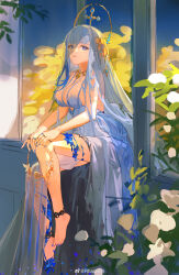 Rule 34 | 1girl, absurdres, barefoot, blue hair, breasts, cleavage, cracked skin, darkstar hubble (neural cloud), dress, flower, girls&#039; frontline, girls&#039; frontline neural cloud, grey hair, highres, hubble (neural cloud), large breasts, plant, rhachen, solo, white dress, yellow flower