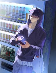 Rule 34 | 1boy, bag, black hoodie, food in mouth, grey pants, hair between eyes, highres, holding, holding bag, holding phone, hood, hood up, hoodie, hoshina soshiro, index finger raised, kaijuu no. 8, long sleeves, looking at viewer, pants, phone, purple hair, red eyes, ryepe, short hair, solo, vending machine, white bag