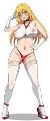 1girl :d anime_coloring ass bare_shoulders black_choker blonde_hair breasts brown_eyes buruma cameltoe choker commentary_request covered_erect_nipples cropped_shirt elbow_gloves frozen_gingasan gloves gluteal_fold groin hand_on_own_hip high_heels highleg highleg_buruma highres large_breasts long_hair looking_at_viewer navel nipples open_mouth red_buruma salute shirt shokuhou_misaki sleeveless sleeveless_shirt smile sparkling_eyes symbol-shaped_pupils thighhighs toaru_kagaku_no_mental_out toaru_kagaku_no_railgun toaru_majutsu_no_index very_long_hair white_thighhighs