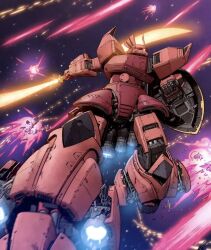 artist_request battle beam_naginata cable damaged dirty energy_beam explosion gelgoog gelgoog_s_char_custom glowing gundam highres holding holding_weapon machinery mecha mecha_focus mobile_suit mobile_suit_gundam motion_blur no_humans one-eyed realistic robot science_fiction shield space thrusters weapon western_comics_(style) zeon