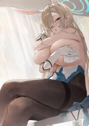 1girl ;d absurdres animal_costume animal_ear_hairband animal_ears aqua_leotard asuna_(blue_archive) asuna_(bunny)_(blue_archive) asymmetrical_bangs black_pantyhose blue_archive blue_eyes blush breast_press breasts breasts_out breasts_squeezed_together crossed_legs deep_skin fake_animal_ears feet_out_of_frame gigantic_breasts gloves grin hairband halo highres huge_breasts indoors lanyard lemoneko leotard light_brown_hair long_hair looking_at_viewer no_bra official_alternate_costume one_eye_closed open_mouth pantyhose playboy_bunny rabbit rabbit_costume rabbit_ear_hairband rabbit_ears sitting smile solo thick_thighs thighband_pantyhose thighs very_long_hair white_gloves wink wiping wiping_breasts wiping_sweat