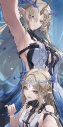 2girls absurdres armpits bare_shoulders black_collar black_dress blonde_hair blue_eyes blue_hair breasts cartethyia_(wuthering_waves) closed_mouth collar colored_inner_hair commentary crown_of_thorns dress dual_persona earrings fleurdelys_(wuthering_waves) floating_earrings hand_up highres horns jewelry large_breasts looking_at_viewer megu_(jim48834420) multicolored_hair multiple_girls necklace open_mouth outstretched_arms parted_bangs pointy_ears sidelocks single_horn small_breasts smile tacet_mark_(wuthering_waves) wuthering_waves yellow_horns