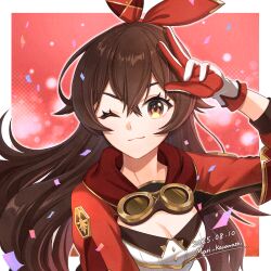 Rule 34 | amber (100 outrider) (genshin impact), amber (genshin impact), border, breasts, brown eyes, brown hair, cleavage, closed mouth, commentary request, confetti, dated, genshin impact, gloves, goggles, goggles around neck, hair between eyes, hairband, hand up, jacket, karanashi mari, large breasts, light smile, long hair, long sleeves, looking at viewer, one eye closed, outside border, pink background, portrait, red gloves, red hairband, red jacket, shirt, signature, simple background, two-tone gloves, white border, white gloves, white shirt