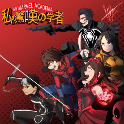 10s 2girls 4boys agent_venom alternate_costume boku_no_hero_academia commentary crossover deadpool deadpool_(series) ducklordethan english_commentary ghost_rider highres klyntar laura_kinney marvel multiple_boys multiple_girls peter_parker scarlet_witch spider-man venom_(marvel) wanda_maximoff x-23 x-men