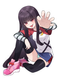 1girl :d amagaeru_(hylathewet) aqua_panties black_hair black_thighhighs blunt_bangs blush breasts cameltoe commentary_request commission highres long_hair mole mole_under_mouth open_mouth original panties pink_shoes pixiv_commission red_eyes shoes simple_background sitting skirt small_breasts smile sneakers solo thighhighs tongue tongue_out underwear white_background