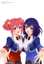 Rule 34 | 2girls, absurdres, artist request, black hair, blue eyes, blue jacket, brown skirt, collared shirt, hair ornament, hand on another&#039;s hip, highres, jacket, long sleeves, looking at viewer, magazine scan, megami magazine, multiple girls, official art, ootori kokona, open clothes, open jacket, open mouth, pink hair, plaid clothes, plaid skirt, pleated skirt, scan, shirt, shizuka (world dai star), skirt, star (symbol), star hair ornament, twintails, white shirt, world dai star, yellow eyes