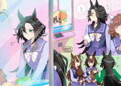 ! +++ 4girls animal_ears black_hair breasts brown_hair character_doll closed_eyes closed_mouth crane_game doll ear_covers eighth_note green_eyes green_jacket haiseiko_(umamusume) hi_(ibisf5umauma) highres holding holding_doll holding_paper horse_ears horse_girl horse_tail jacket long_hair long_sleeves multicolored_hair multiple_girls multiple_views musical_note open_mouth paper puff_of_air purple_shirt purple_skirt red_eyes sailor_collar school_uniform shirt sirius_symboli_(umamusume) skirt smile speed_symboli_(umamusume) spoken_exclamation_mark streaked_hair sweatdrop symboli_rudolf_(umamusume) tail tracen_school_uniform umamusume v-shaped_eyebrows