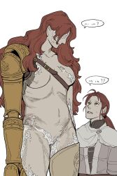 2girls absurdres boned-woo cowboy_shot elden_ring height_difference highres long_hair malenia_blade_of_miquella millicent_(elden_ring) multiple_girls orange_eyes prosthesis prosthetic_arm red_hair simple_background speech_bubble upper_body white_background