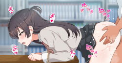 1boy 1girl black_hair black_skirt blurry blurry_background blush clothed_sex commentary_request grey_shirt hetero highres indoors long_hair long_sleeves open_mouth purple_eyes radio_(mei99) school_uniform seiren_academy_school_uniform sex sex_from_behind shirt skirt suou_yuki sweat tokidoki_bosotto_roshia-go_de_dereru_tonari_no_alya-san