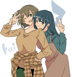 2girls black_hair blue_eyes brown_dress brown_eyes brown_hair clothes_around_waist commentary_request dress green_pants green_sweater hair_down hiryuu_(kancolle) hiryuu_(mitsukoshi_2019)_(kancolle) jacket jacket_around_waist kantai_collection looking_at_viewer multiple_girls official_alternate_costume one_side_up orange_sweater pants short_hair siblings sisters smile souryuu_(kancolle) souryuu_(lawson)_(kancolle) sweater takamachiya v