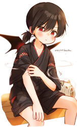 1boy absurdres artist_name bat_wings black_hair black_kimono blush closed_mouth dated dot_nose double-parted_bangs far_tarooo feet_out_of_frame hair_between_eyes highres japanese_clothes kimono male_focus original ponytail red_eyes scratching scratching_arm shiro_(far_tarooo) short_ponytail short_sleeves sitting smoke smoke_trail solo white_background wings yukata