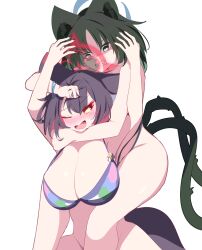 2girls absurdres alternate_hair_length alternate_hairstyle amebrew animal_ear_fluff animal_ears bikini black_eyes black_hair black_nails blue_archive bottomless breasts cat_ears cat_girl cat_tail cleavage clenched_teeth colored_inner_hair crying fighting fox_ears fox_girl fox_tail highres huge_breasts kikyou_(blue_archive) kikyou_(swimsuit)_(blue_archive) looking_at_another multicolored_hair multiple_girls multiple_tails official_alternate_costume one_eye_closed parted_bangs purple_bikini red_hair shaded_face short_hair strangling swimsuit tail teeth two-tone_hair two_tails wakamo_(blue_archive) wakamo_(swimsuit)_(blue_archive) yellow_eyes