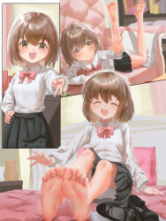 1girl absurdres barefoot blush brown_eyes brown_hair closed_eyes couch feet highres lihv looking_at_viewer lying mary_janes medium_hair on_bed on_couch on_stomach open_mouth shoes soles toes unworn_shoes v