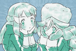 Rule 34 | 2girls, akari (pokemon), blush stickers, closed mouth, commentary request, eyelashes, fur hat, hair between eyes, hair ornament, hairclip, hands up, hat, headscarf, highres, hood, hood down, hooded jacket, jacket, long hair, mittens, multiple girls, nintendo, pokemon, pokemon legends: arceus, sabi (pokemon), sasami 642, sidelocks, twintails, upper body, wristband