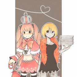 2girls belt bika_kawasaki black_dress black_eyes blonde_hair bow breasts capelet cleavage crown dress feather_boa female_focus fur fur_trim hand_on_own_hip heart hip_focus jolly_roger midriff monster_girl multiple_girls navel nylons one_piece perona pink_hair pirate plate scar short_cape silk skirt spider_web stitches striped_legwear thighhighs thriller_bark twintails umbrella victoria_cindry zombie