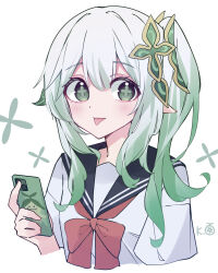 Rule 34 | 1girl, :p, alternate costume, black sailor collar, bow, bowtie, cellphone, commentary, cross-shaped pupils, genshin impact, gradient hair, green hair, hair between eyes, highres, holding, holding phone, melon kohashi, multicolored hair, nahida (genshin impact), phone, pointy ears, red bow, red bowtie, sailor collar, school uniform, serafuku, shirt, short sleeves, simple background, smartphone, solo, symbol-shaped pupils, tongue, tongue out, upper body, white background, white hair, white shirt