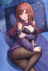 1girl absurdres ass bed bed_sheet black_bra black_pantyhose blush bra breasts cleavage from_above highres idolmaster idolmaster_shiny_colors jewelry keine09 long_hair long_sleeves looking_at_viewer low_twintails lying medium_breasts necklace off_shoulder official_alternate_costume official_alternate_hairstyle on_bed on_side open_mouth osaki_amana pantyhose pillow purple_scarf purple_sweater red_hair scarf smile solo sweater swept_bangs thighband_pantyhose twintails underwear yellow_eyes