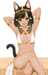 1girl :d absurdres ancient_egyptian_clothes animal_ears armlet armpits arms_behind_head arms_up barefoot bell black_hair black_tail blunt_bangs blush bob_cut breasts brown_eyes cat_ears cat_girl cat_tail collar collarbone crossed_legs dated_commentary eyeshadow fang hair_tubes headpiece highres jewelry jingle_bell looking_at_viewer makeup neck_bell open_mouth original parted_bangs short_hair sidelocks sitting small_breasts smile stone tail tail_raised tongue tongue_out usekh_collar yagih