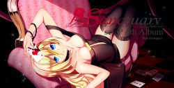Rule 34 | 1girl, album cover, armchair, artist name, bare shoulders, belt, black dress, blonde hair, blood, blue eyes, breasts, card, chair, checkered floor, choker, cleavage, closed mouth, clubs, collarbone, commentary request, cover, curtains, diamond (shape), dress, female focus, fingernails, flower, hair between eyes, holding, holding card, lily (vocaloid), long hair, looking at viewer, lying, medium breasts, off shoulder, on back, on chair, palms, rose, smile, solo, sparkle, strap slip, thigh strap, thighhighs, very long hair, vocaloid, yuuki kira, zettai ryouiki