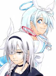 Rule 34 | 2girls, absurdres, alpen no koyari, arona (blue archive), black choker, black hairband, bleach, blue archive, blue eyes, blue hair, blue halo, blue pupils, blue shirt, blunt bangs, bow, bowtie, braid, choker, closed mouth, colored inner hair, commentary, commentary request, cowlick, english commentary, eyebrows hidden by hair, grey eyes, grey hair, hair bow, hair over one eye, hairband, halo, highres, kubo tite (style), long bangs, long hair, looking at viewer, medium hair, mixed-language commentary, multicolored hair, multiple girls, nose, pink hair, plana (blue archive), portrait, red halo, red pupils, sailor collar, school uniform, serafuku, shirt, sidelocks, simple background, single braid, smile, tareme, tsurime, twitter username, two-tone hair, upper body, white background, white bow, white bowtie, white hairband, white sailor collar
