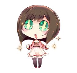 Rule 34 | + +, 1girl, black thighhighs, blunt bangs, blunt ends, bob cut, brown hair, brown shirt, cardigan, chibi, clenched hands, commentary request, excited, fang, frilled shirt, frilled skirt, frills, green eyes, high-waist skirt, idolmaster, idolmaster cinderella girls, light blush, long sleeves, looking at viewer, lowres, maekawa miku, miniskirt, open mouth, pink cardigan, red shoes, shirt, shoes, short hair, simple background, skin fang, skirt, solo, sparkle, sparkling eyes, standing, striped clothes, striped shirt, thighhighs, usoneko, white background, white skirt, zettai ryouiki