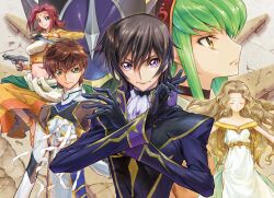Rule 34 | 2boys, 3girls, black choker, black gloves, black hair, blue eyes, brown hair, c.c., choker, circlet, closed eyes, closed mouth, code geass, collarbone, crop top, dress, dual wielding, facing viewer, gloves, green eyes, green hair, gun, hair intakes, handgun, harem outfit, highres, holding, holding gun, holding sword, holding weapon, jacket, kouzuki kallen, kururugi suzaku, lelouch vi britannia, long hair, long sleeves, looking at viewer, midriff, multiple boys, multiple girls, navel, nunnally vi britannia, ogasawara tomy, purple eyes, purple jacket, red hair, short hair, skirt, sleeveless, sleeveless dress, smile, stomach, sword, very long hair, weapon, white dress, yellow eyes, yellow skirt