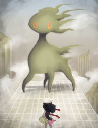 1girl arceus arceus_(prototype) bag beanie beta_pokemon black_hair captainpiika cloud creatures_(company) dawn_(pokemon) from_behind game_freak gen_4_pokemon grid hall_of_origin hat highres legendary_pokemon long_hair mythical_pokemon nintendo pillar pokemon pokemon_(creature) pokemon_dppt pokemon_dppt_(prototype) prototype_design scarf skirt standing