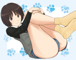 1girl amagami ass black_shirt blue_panties bob_cut brown_eyes brown_hair closed_mouth grey_sweater_vest hugging_own_legs long_sleeves looking_at_viewer panties shirt short_hair socks solo sweater_vest tachibana_miya takemi_kaoru thighs underwear yellow_socks