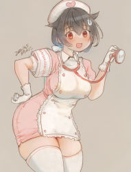 1girl alternate_costume apron armband black_hair blush breasts cross dated dress gloves grey_background hair_between_eyes hair_flaps hair_ornament hairclip hat highres jingei_(kancolle) kantai_collection kirisawa_juuzou large_breasts long_hair low_ponytail neckerchief nurse nurse_cap pink_dress pink_hat ponytail red_eyes short_sleeves signature simple_background solo stethoscope thighhighs white_apron white_gloves white_thighhighs