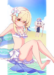 0_0 2girls :3 ass bare_legs bare_shoulders barefoot bikini blonde_hair blush breasts brown_eyes cleavage closed_mouth commentary_request day diving_mask diving_mask_on_head flower frilled_bikini frills genshin_impact goggles goggles_on_head hair_between_eyes hair_flower hair_ornament halo harada_(sansei_rain) harpoon highres innertube looking_at_viewer lumine_(genshin_impact) medium_breasts multiple_girls navel paimon_(genshin_impact) sitting swim_ring swimsuit water white_bikini white_flower white_hair