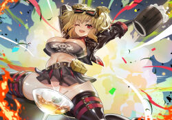 1girl ;d arms_up black_jacket black_skirt black_thighhighs blonde_hair breasts burnice_white convenient_censoring explosion eyewear_on_head highres jacket large_breasts leather leather_jacket long_sleeves looking_at_viewer midriff navel no_panties one_eye_closed open_clothes open_jacket open_mouth outdoors red_eyes sitting skirt smile solo teddypocky thighhighs thighs zenless_zone_zero
