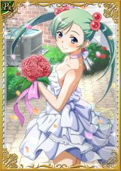 1girl bare_shoulders blue_eyes bouquet card_(medium) choker closed_mouth collarbone day dress feet_out_of_frame female_focus flower grey_hair hair_bobbles hair_ornament holding ikkitousen long_hair looking_at_viewer no_bra outdoors shokatsuryou_koumei smile solo standing wedding_dress white_choker white_dress