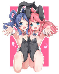 Rule 34 | 2girls, animal ear hairband, animal ears, aqua eyes, bare legs, black leotard, blue eyes, blue hair, bow, bowtie, breasts, cropped legs, detached collar, fake animal ears, foreshortening, hair rings, hairband, highres, huyusilver, leotard, multiple girls, one eye closed, open mouth, original, pantyhose, pink background, pink eyes, playboy bunny, purple bow, purple bowtie, rabbit ears, rabbit tail, red bow, red bowtie, small breasts, smile, strapless, strapless leotard, tail, two-tone background, wrist cuffs