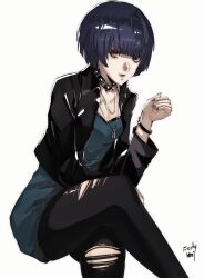 1girl black_choker black_jacket black_nails black_pantyhose blue_hair blunt_bangs bracelet choker closed_mouth collarbone crossed_legs dress frosty_neo1 green_dress hashtag-only_commentary highres invisible_chair jacket jewelry leather leather_jacket long_sleeves looking_at_viewer nail_polish necklace official_alternate_costume open_clothes open_jacket pantyhose persona persona_5 short_hair simple_background sitting solo takemi_tae three_quarter_view torn_clothes torn_pantyhose white_background