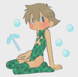 1boy black_hair blush cosplay creeper creeper_(cosplay) diamond green_thighhighs leotard looking_at_viewer luke_triton male_focus minecraft minecraft_pickaxe pickaxe professor_layton short_hair shota simple_background solo thighhighs tnso white_background