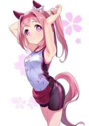 1girl absurdres adjusting_hair alternate_costume animal_ears armpits arms_behind_head bike_shorts breasts collarbone commentary_request hair_ornament hairband haru_urara_(umamusume) highres horse_girl looking_at_viewer moko39_takasora pink_eyes pink_hair ponytail small_breasts solo umamusume white_background