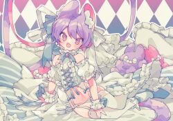 1boy :o animal_ear_fluff animal_ears argyle_background beads blue_bow blue_nails blue_ribbon blue_shoes blush bow bright_pupils brooch commentary cross-shaped_pupils dated_commentary fang full_body garter_belt hair_bow hand_on_own_leg highres jewelry lingerie looking_at_viewer male_focus open_mouth original outline ozureiji panties pillow pink_eyes puffy_short_sleeves puffy_sleeves purple_hair rabbit_ears ribbon shoes short_hair short_sleeves showgirl_skirt side-tie_panties sitting skin_fang solo stuffed_animal stuffed_rabbit stuffed_toy symbol-only_commentary symbol-shaped_pupils thighhighs trap tsurime underwear white_bow white_outline white_panties white_pupils white_ribbon white_sleeves white_thighhighs wrist_cuffs