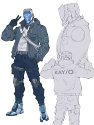1boy 25teibewa alternate_costume belt casual hand_in_pocket highres humanoid_robot jacket kay/o_(valorant) knee_pads no_shoes open_clothes open_jacket pants robot shirt solo solo_focus v valorant white_shirt white_undershirt