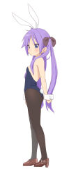 animal_ears bad_tag black_pantyhose blue_eyes blush bow breasts brown_bow brown_shoes child closed_mouth detached_collar dot_mouth dot_nose fake_animal_ears full_body hair_bow hair_ornament highres hiiragi_kagami leotard loafers loli long_hair looking_at_viewer looking_to_the_side lucky_star pantyhose playboy_bunny bad_tag purple_hair rabbit_ears rabbit_tail retsumaru shoes simple_background small_breasts solo standing strapless strapless_leotard tail twintails white_background