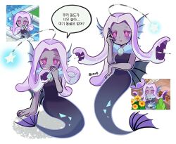 brooch colored_skin cookie_run cookie_run:_kingdom coral dress fins gem head_fins humanization jewelry korean_commentary long_hair mermaid michelin_(p0lo09) monster_girl mystic_opal_cookie pink_eyes reference_sheet