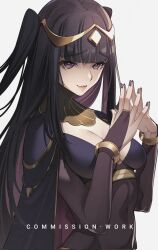 1girl black_bridal_gauntlets black_hair blunt_bangs bodystocking bracelet breasts bridal_gauntlets cape circlet cleavage covered_navel fire_emblem fire_emblem_awakening highres jewelry jhaysie large_breasts long_hair looking_at_viewer medium_breasts navel nintendo purple_eyes see-through_bridal_gauntlets skin_tight smile solo tharja_(fire_emblem) tiara two_side_up