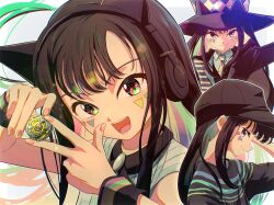 1girl 1other animal_ear_headphones animal_ears beyblade beyblade_(object) beyblade_x cat_ear_headphones chest_jewel facial_mark fake_animal_ears flat_chest formal_clothes gem hat headphones headset highres long_hair long_sleeves multicolored_eyes multicolored_hair nail_polish nanairo_multi necktie shirt short_sleeves simple_background sleeveless suit t-shirt tkoknmy0321 top_hat wizardarrow_4-80b wristband