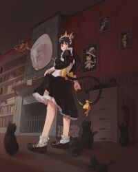 Rule 34 | 1girl, absurdres, animal ears, black cat, black dress, black hair, black shoes, book, bookshelf, cat, cat ears, cat girl, cat tail, cat teaser, closed mouth, commentary request, corded phone, dress, fireplace, full body, hat, highres, indoors, korean commentary, long hair, long sleeves, mage staff, maid, maid headdress, original, phone, photo (object), quias, shoes, socks, solo, standing, tail, unworn hat, unworn headwear, white socks, witch hat, yellow eyes