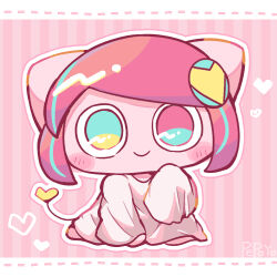 1girl animal_ears aqua_eyes aqua_hair artist_name barefoot cat_ears chibi chibi_only closed_mouth colored_skin commentary_request dress full_body hairpods hand_up heart heterochromia letterboxed looking_at_viewer multicolored_eyes multicolored_hair outline pepoyo pink_background pink_eyes pink_hair pink_skin poyoroid short_hair simple_background sitting sleeves_past_fingers sleeves_past_wrists smile solo streaked_hair striped_background swept_bangs two-tone_eyes two-tone_hair utau white_dress white_outline wide_sleeves yellow_eyes yellow_tail