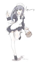 Rule 34 | 1girl, alternate costume, apron, basket, black dress, black neckerchief, black shoes, brown eyes, commentary request, dress, enmaided, frilled apron, frills, full body, grey hair, highres, kantai collection, kasumi (kancolle), looking to the side, maid, maid day, maid headdress, neckerchief, running, shoes, side ponytail, simple background, solo, tada (tactical tada), thighhighs, white apron, white background, white thighhighs
