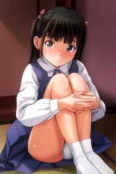 1girl absurdres ass black_hair blue_overalls blush brown_eyes closed_mouth highres indoors knees_up long_hair long_sleeves looking_at_viewer matsunaga_kouyou original overall_skirt overalls panties shirt sidelocks sitting socks solo tatami thighs underwear white_panties white_shirt white_socks