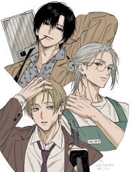 Rule 34 | 3boys, adam&#039;s apple, apron, arm behind head, black eyes, black hair, blonde hair, brown coat, brown jacket, closed mouth, coat, collared shirt, eating, expressionless, food, forehead, formal clothes, green apron, grey hair, grey shirt, hair bun, half-closed eye, half updo, hammer, hand in own hair, head tilt, highres, holding, holding hammer, jacket, jitome, kuroiisana, looking at viewer, male focus, medium hair, multiple boys, nagumo (sakamoto days), over shoulder, parted bangs, parted lips, pocky, portrait, sakamoto days, sakamoto taro, sanpaku, scar, scar on chin, scar on face, shirt, shishiba (sakamoto days), short hair, sideways, simple background, single hair bun, straight hair, suit, weapon, weapon case, weapon on back, weapon over shoulder, white background, white shirt