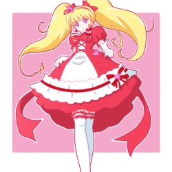 Rule 34 | 1girl, asahina mirai, atair, blonde hair, blue eyes, bow, cowboy shot, cure miracle, cure miracle (ruby style), cure miracle ruby style, dress, dress bow, elbow gloves, expressionless, female focus, from below, gloves, hair bow, hairband, hat, long hair, magical girl, mahou girls precure!, mini hat, mini witch hat, pink background, pink hat, precure, puffy sleeves, red bow, red skirt, ruby style, skirt, solo, standing, striped bow, thighhighs, twintails, white gloves, white thighhighs, witch hat